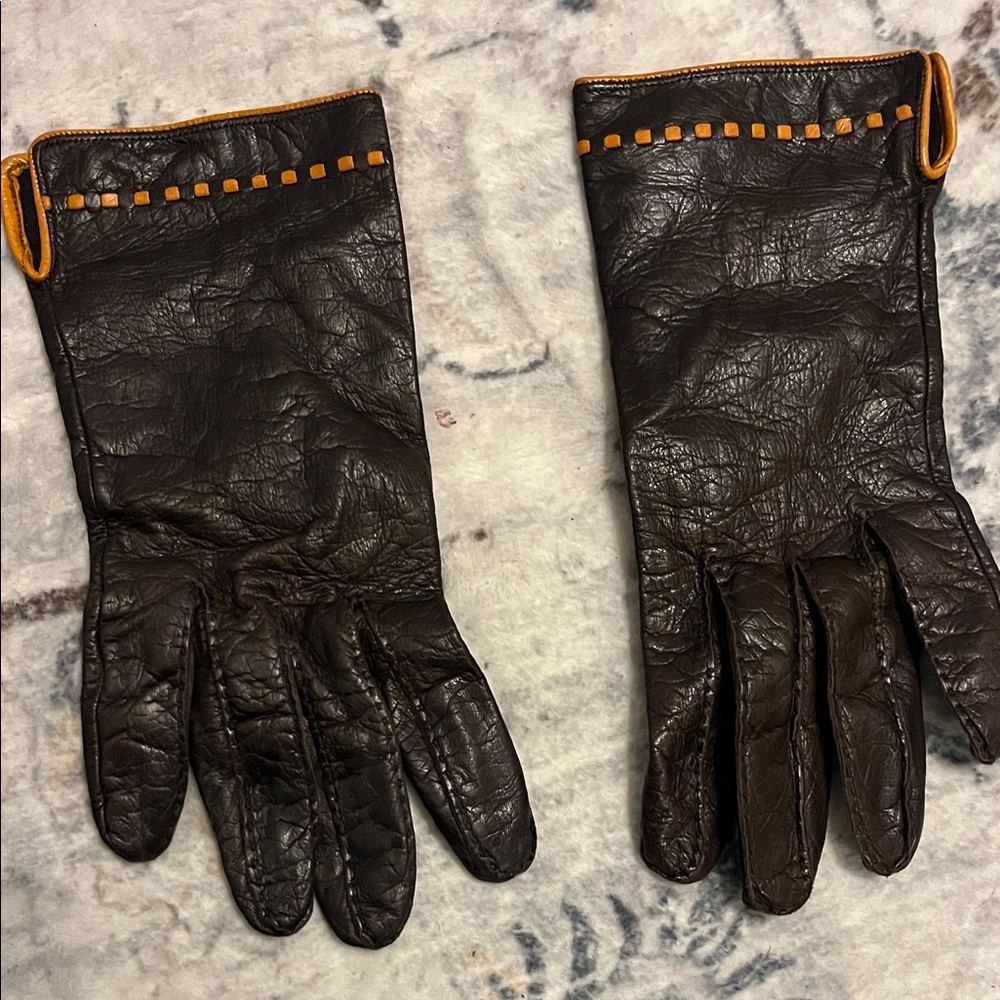 Brown Leather Gloves vintage 1940s style with contrast stitching